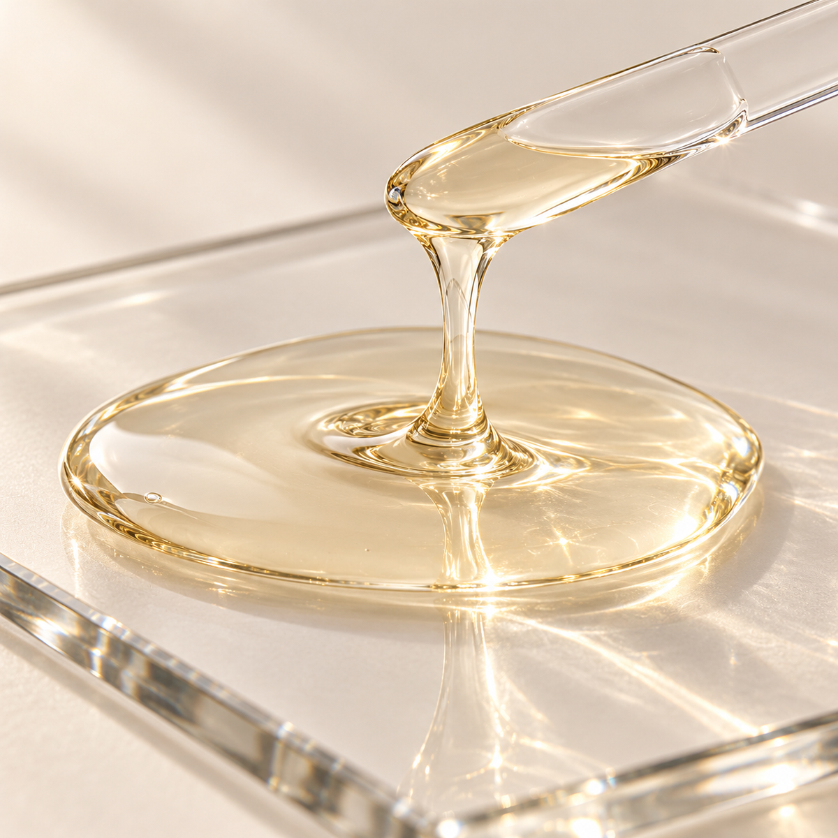 Illustrative macro of a silky translucent golden essence texture