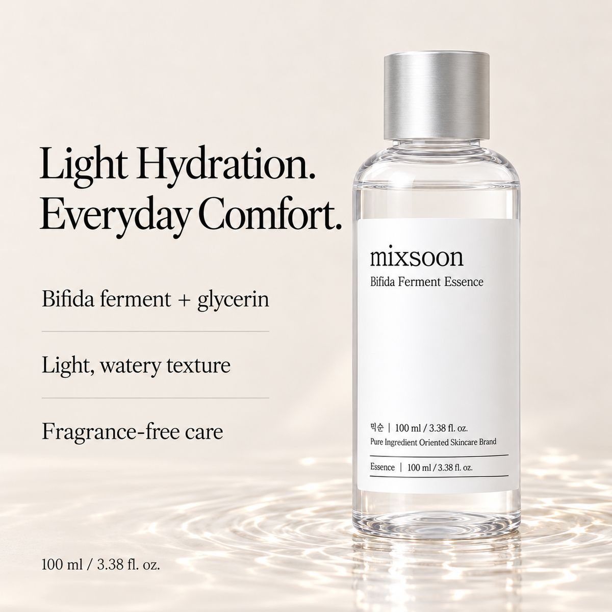 Mixsoon Bifida essence benefits: light hydration, watery texture and fragrance-free care