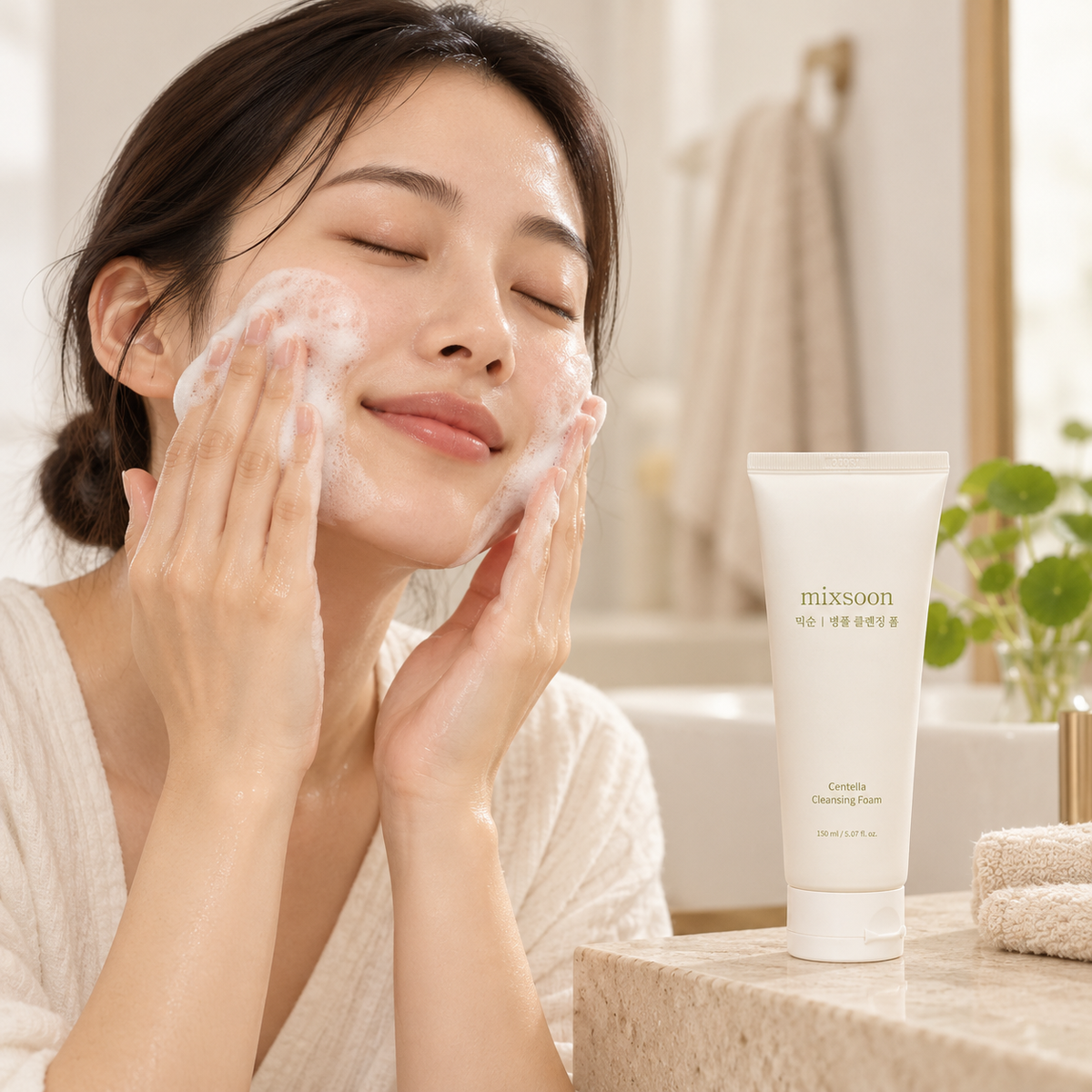 Illustration of gently washing damp cheeks with a soft cleanser lather