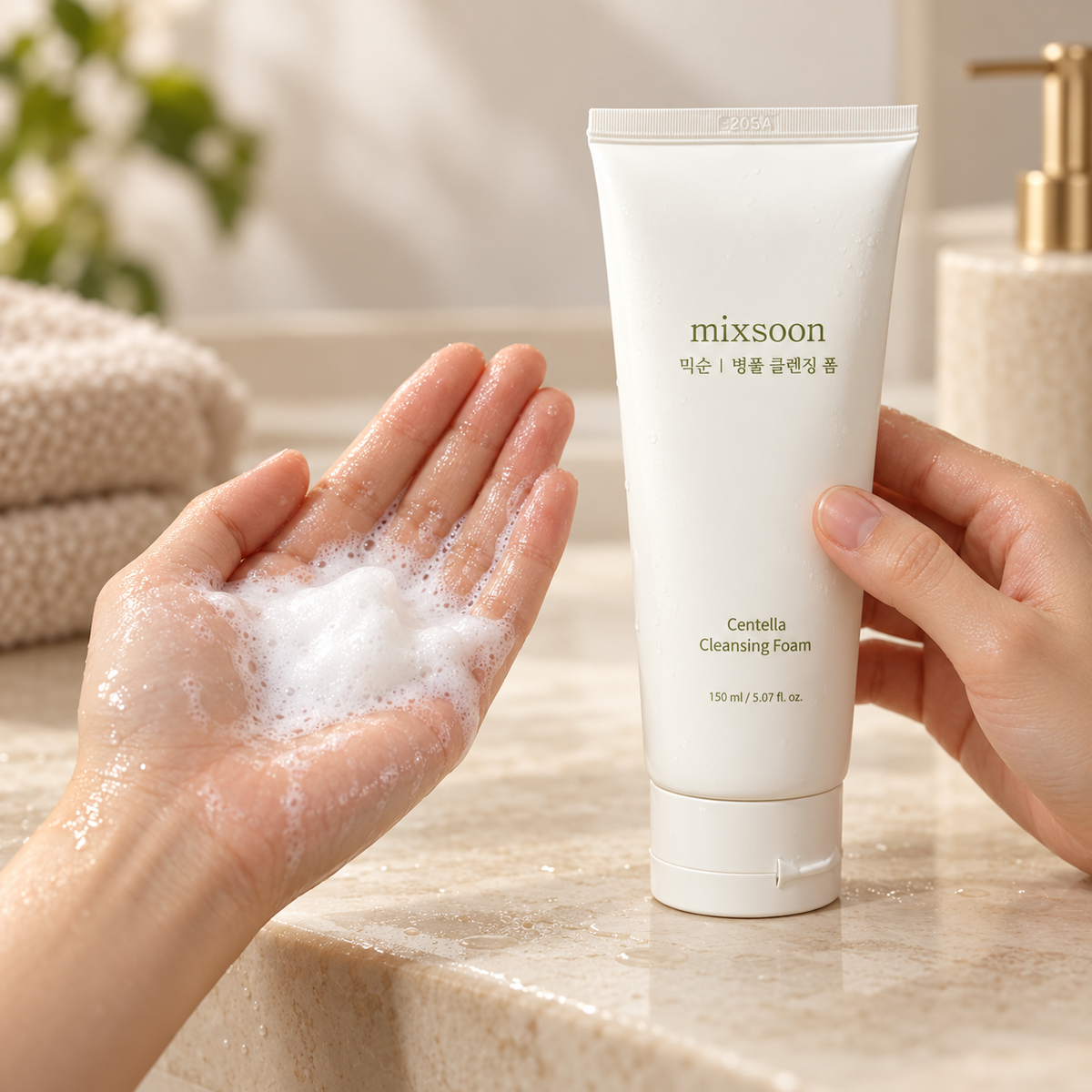 Illustration of working cleanser into a soft lather in wet hands