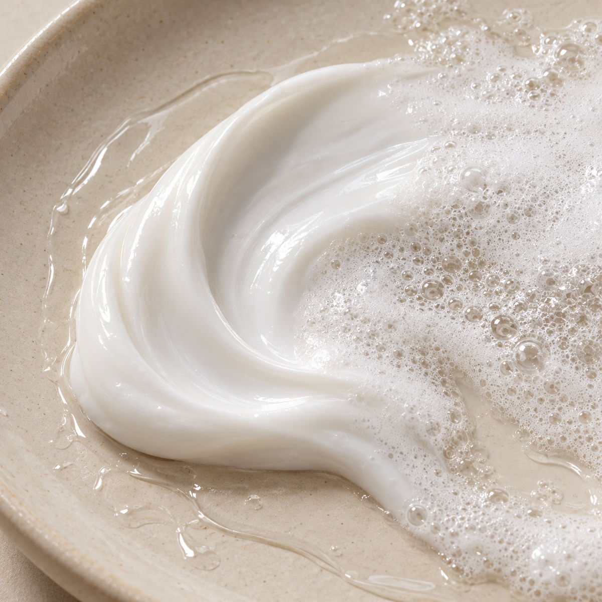 Illustrative close-up of creamy cleanser and fine foam bubbles