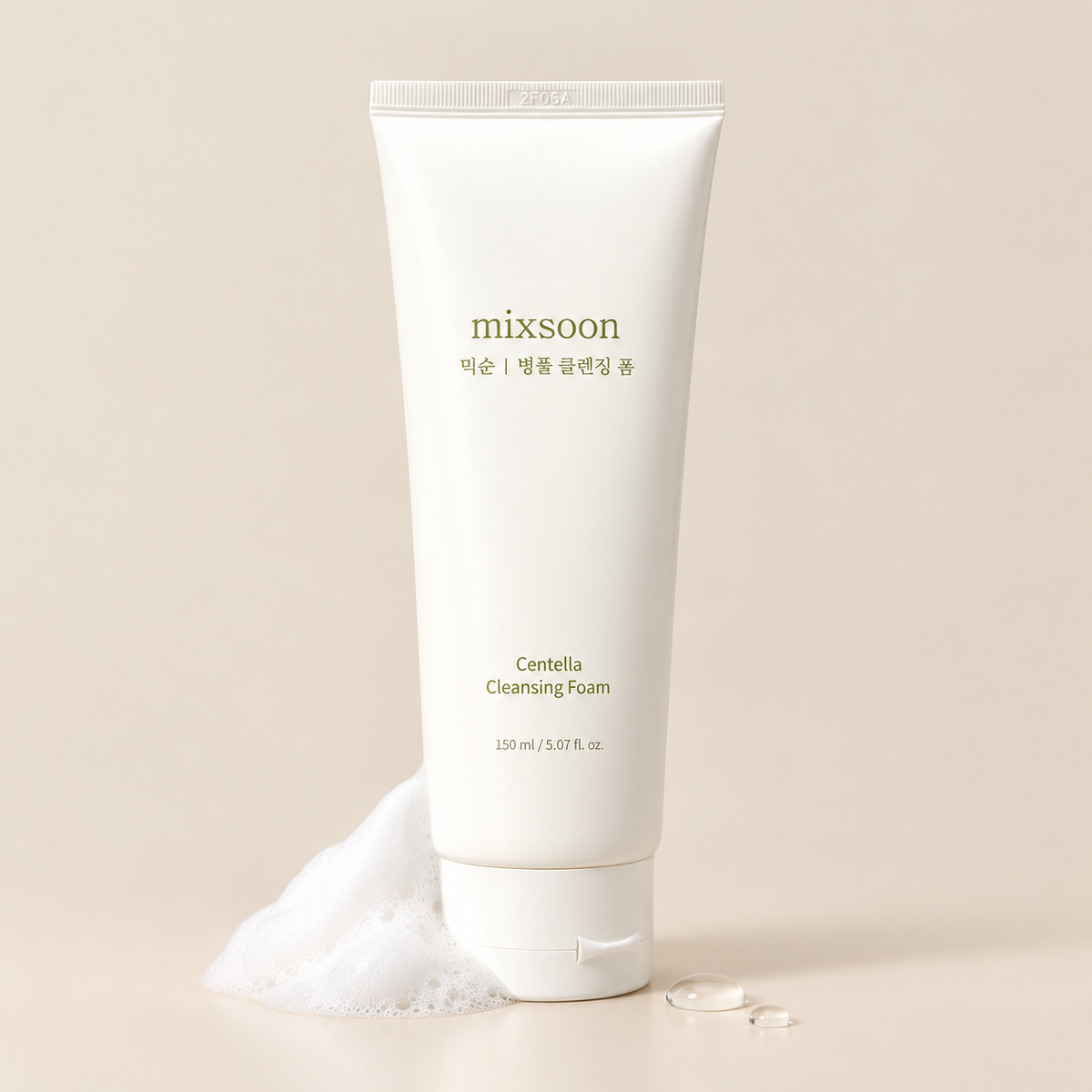 Mixsoon Centella Cleansing Foam 150 ml white tube with soft foam on a beige background