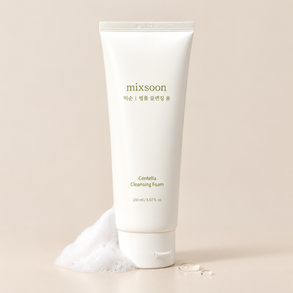 Mixsoon Centella Cleansing Foam 150 ml white tube with soft foam on a beige background