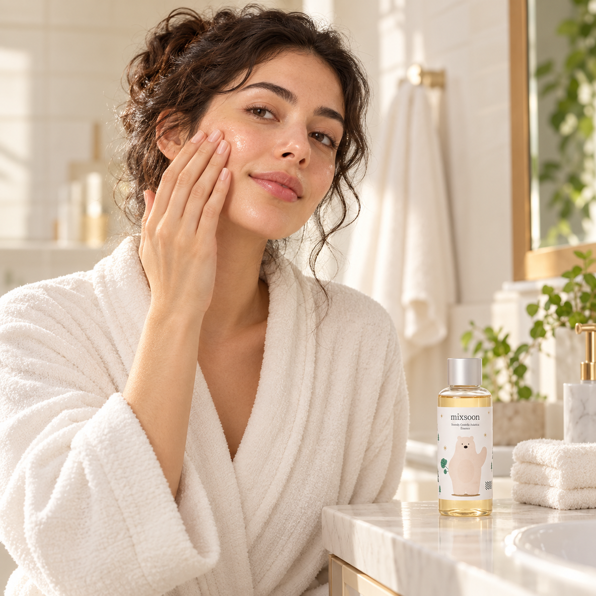 Illustration of gently patting a lightweight essence onto the cheek