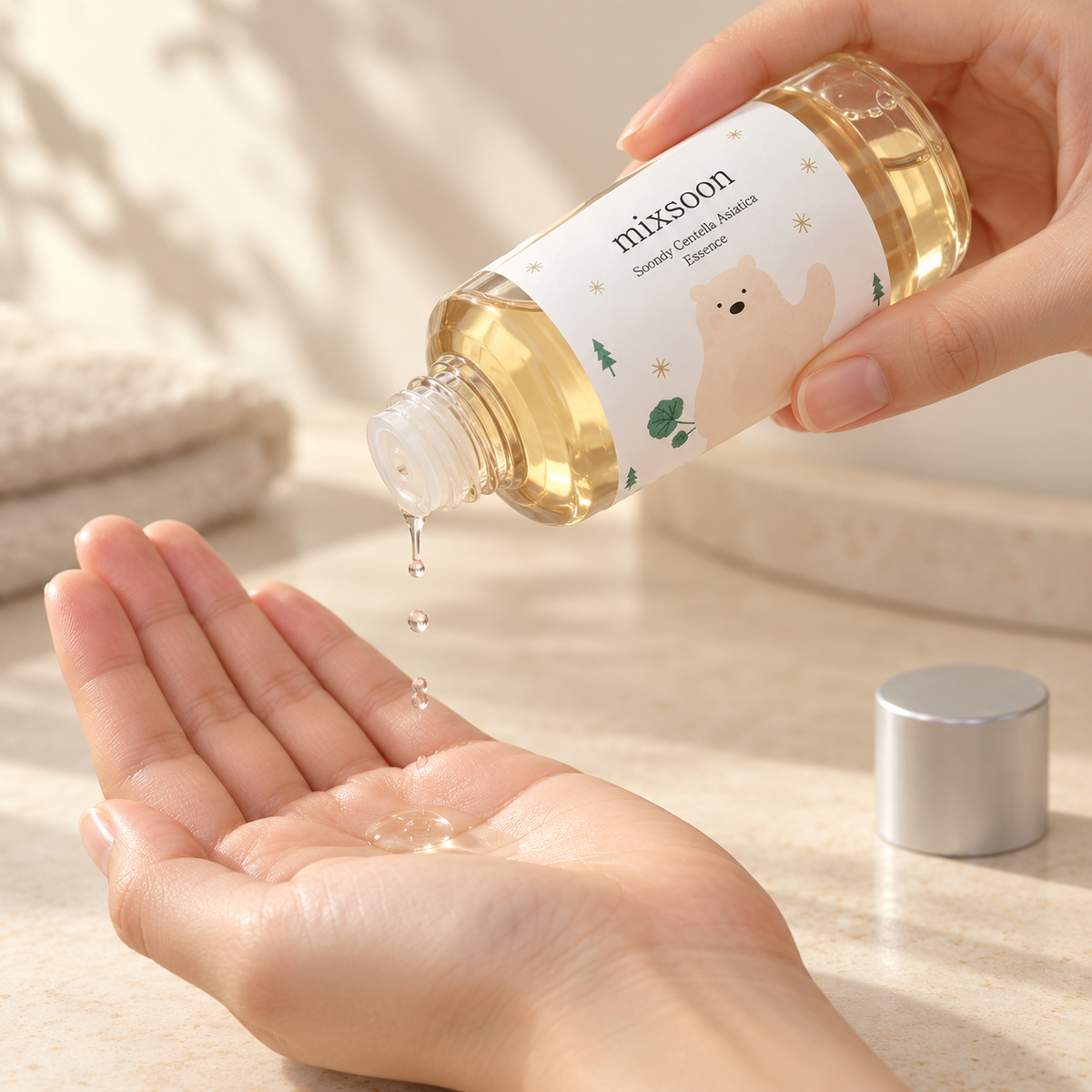 Illustration of dispensing essence drops from a screw-cap bottle into a clean palm
