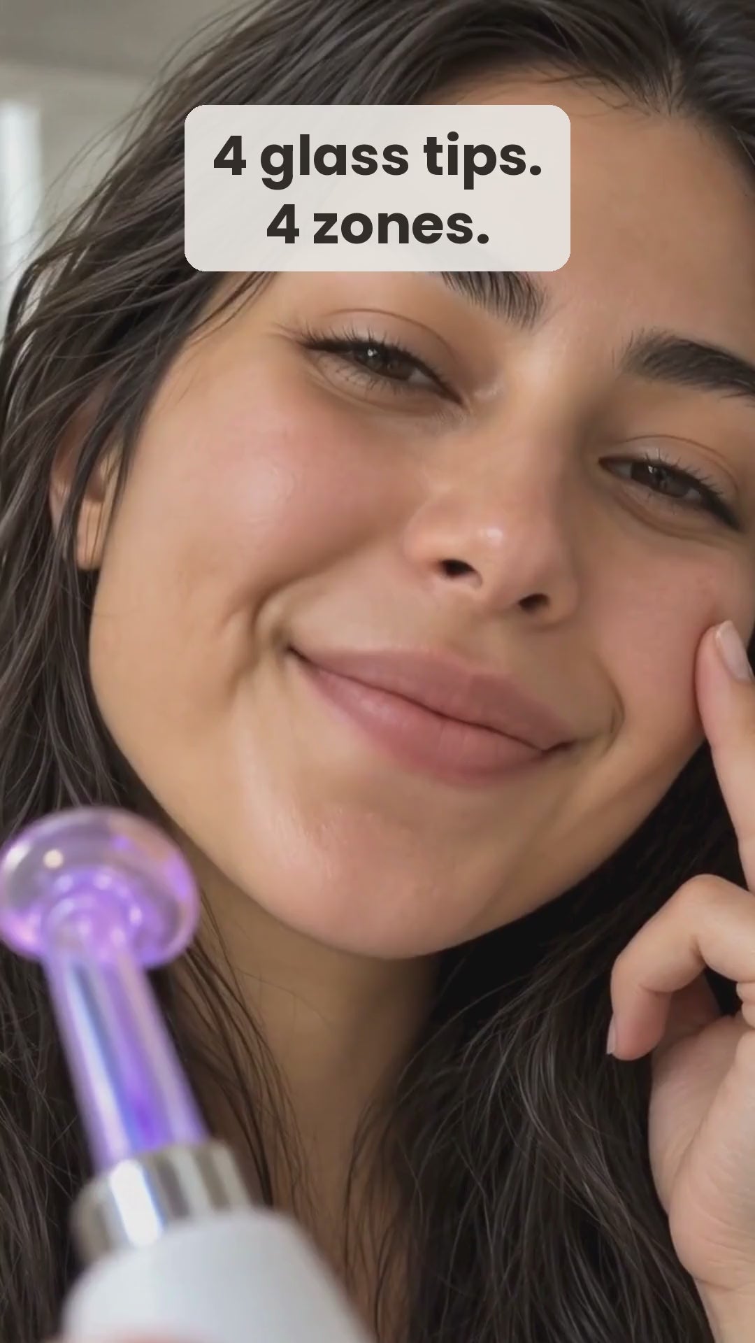 High-frequency wand: 4 glass tips on 4 zones — mushroom on cheeks, tongue around the nose, bent on the jawline, comb on the scalp