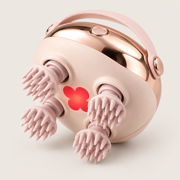 Blush and rose-gold electric scalp massager with four silicone kneading heads and a central red light on a warm beige background