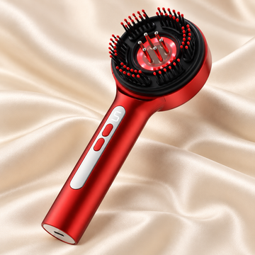 Red S18 LED scalp massage brush with digital display and six roller applicators on an ivory satin background