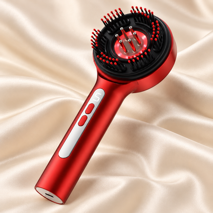 Red S18 LED scalp massage brush with digital display and six roller applicators on an ivory satin background
