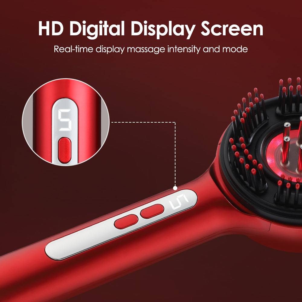 Red S18 scalp brush with digital display and two control buttons