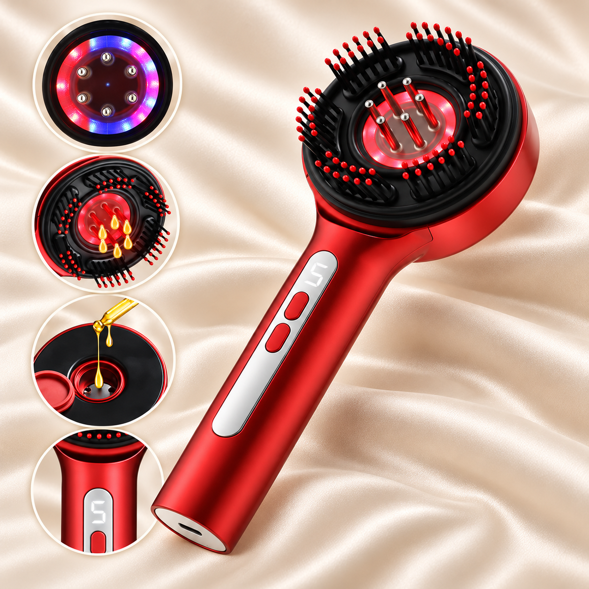 Red S18 scalp massage brush on ivory satin with four close-ups showing LED colors, liquid applicators, reservoir filling and digital display