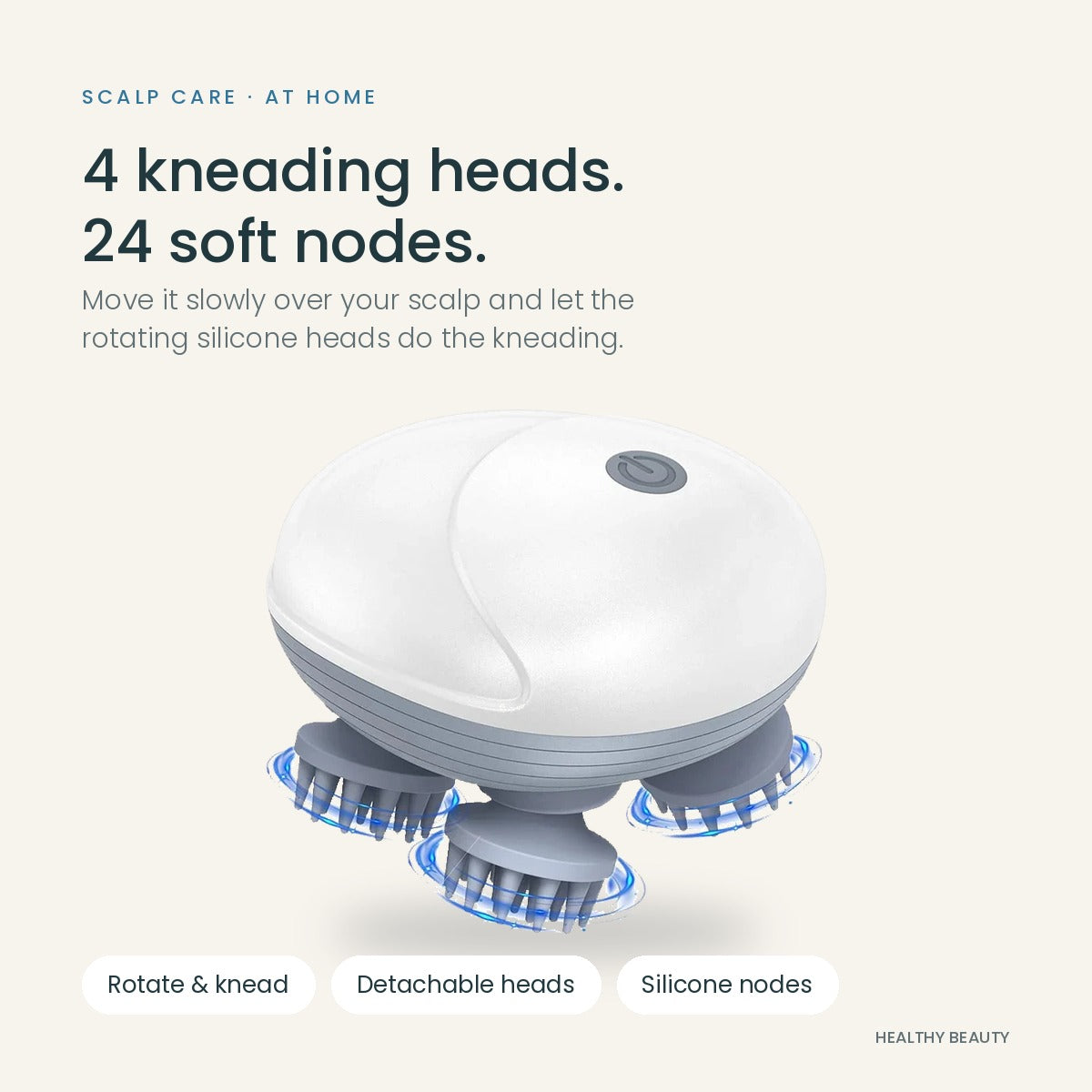 Electric scalp massager with 4 kneading heads and 24 silicone nodes; rotate and knead, detachable heads