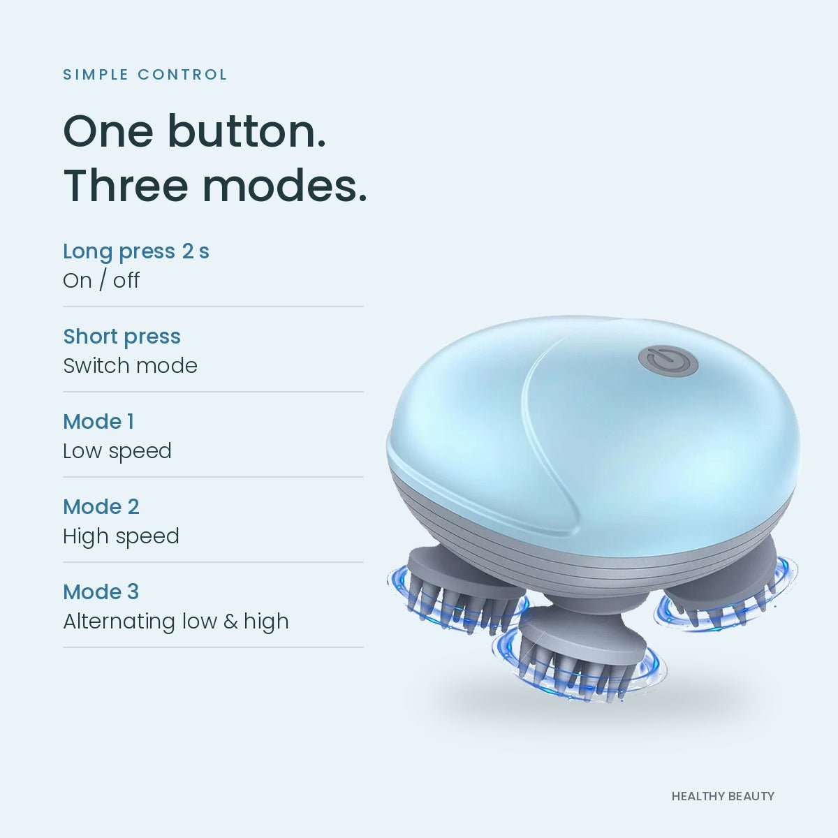 One button, three modes: long press 2 seconds on/off, short press to switch; low, high and alternating speed