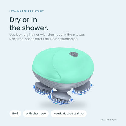Green electric scalp massager, IPX6 water resistant for dry use or in the shower with shampoo; heads detach to rinse