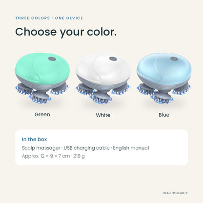 Electric scalp massager in green, white and blue; in the box: massager, USB charging cable, English manual