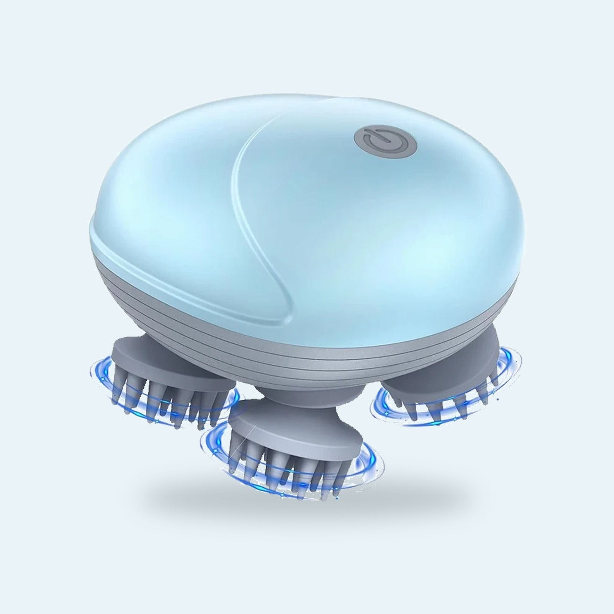 Pale blue electric scalp massager with four silicone kneading heads