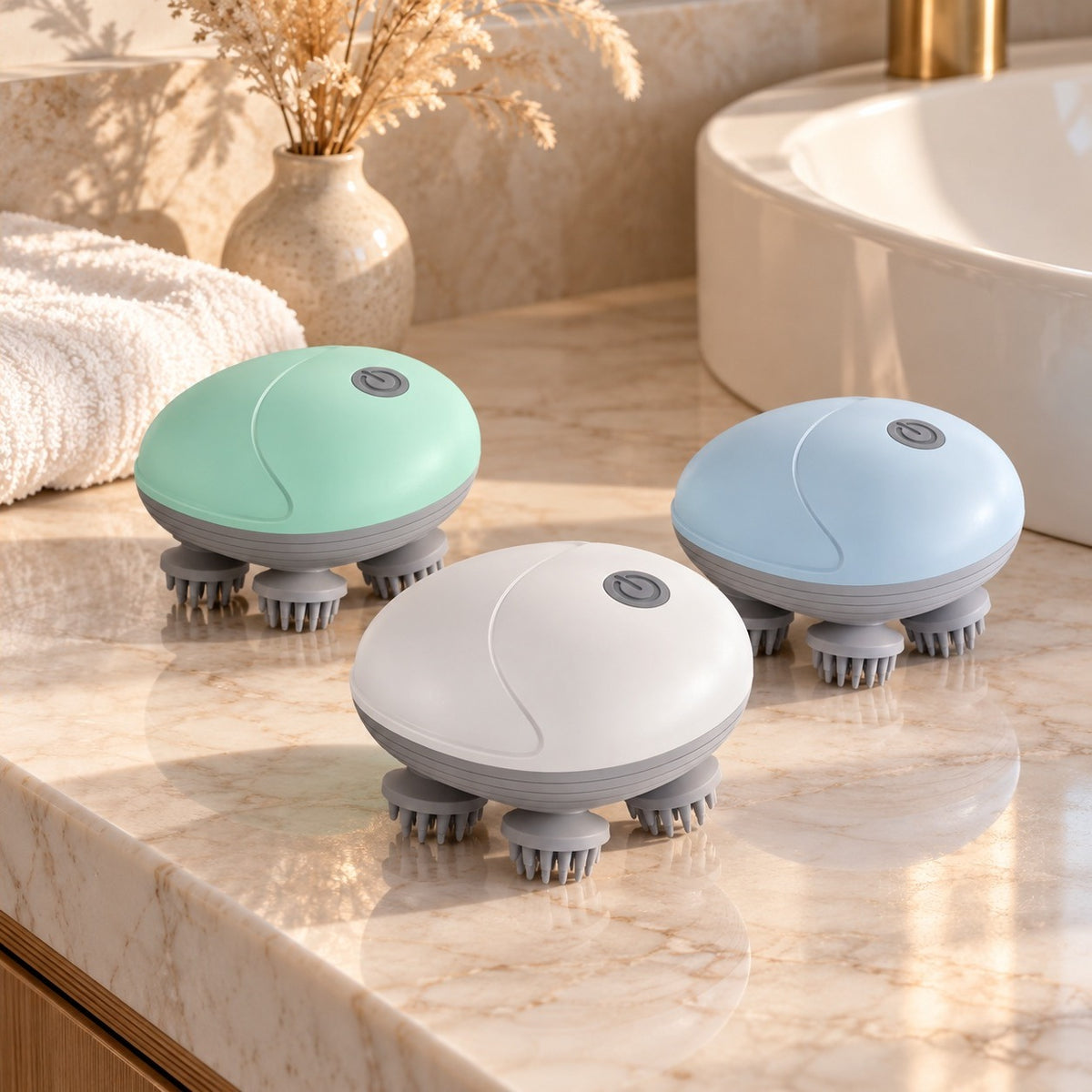Electric scalp massagers in white, mint green and pale blue on a marble bathroom vanity