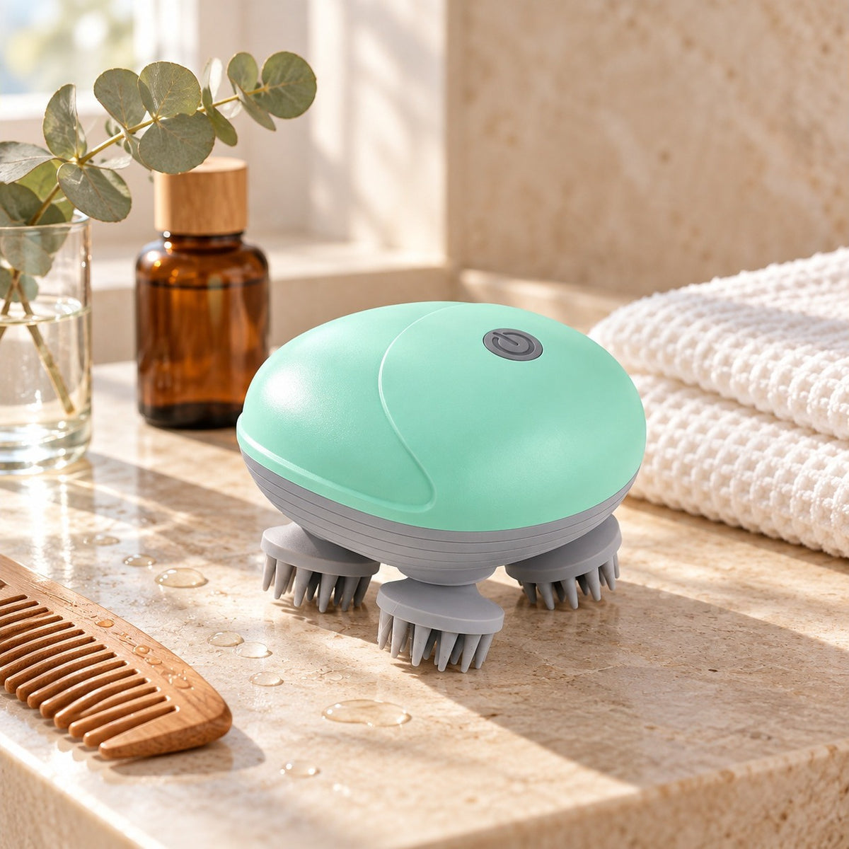 Mint green electric scalp massager on a stone bathroom counter with a towel and a wooden comb