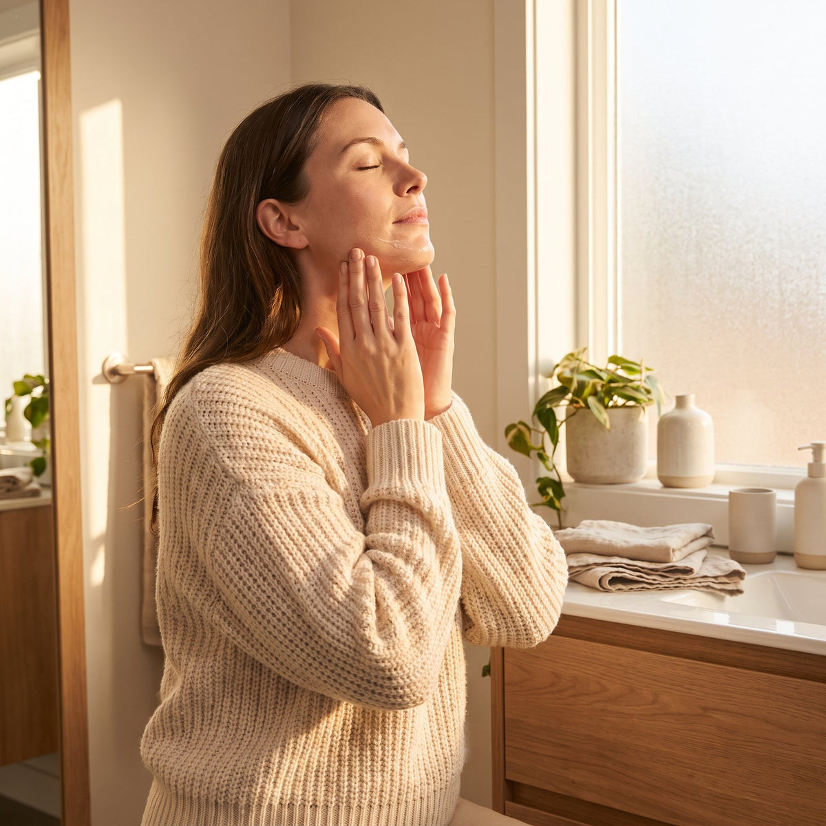 Woman applying serum to her neck and jawline in a softly lit bathroom