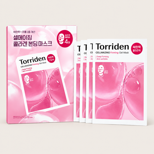 Torriden CELLMAZING pink box and four white sachets on a beige background