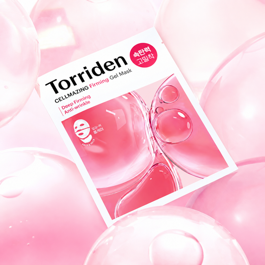 Pink Torriden CELLMAZING sachet with a neutral white label panel on a pink background