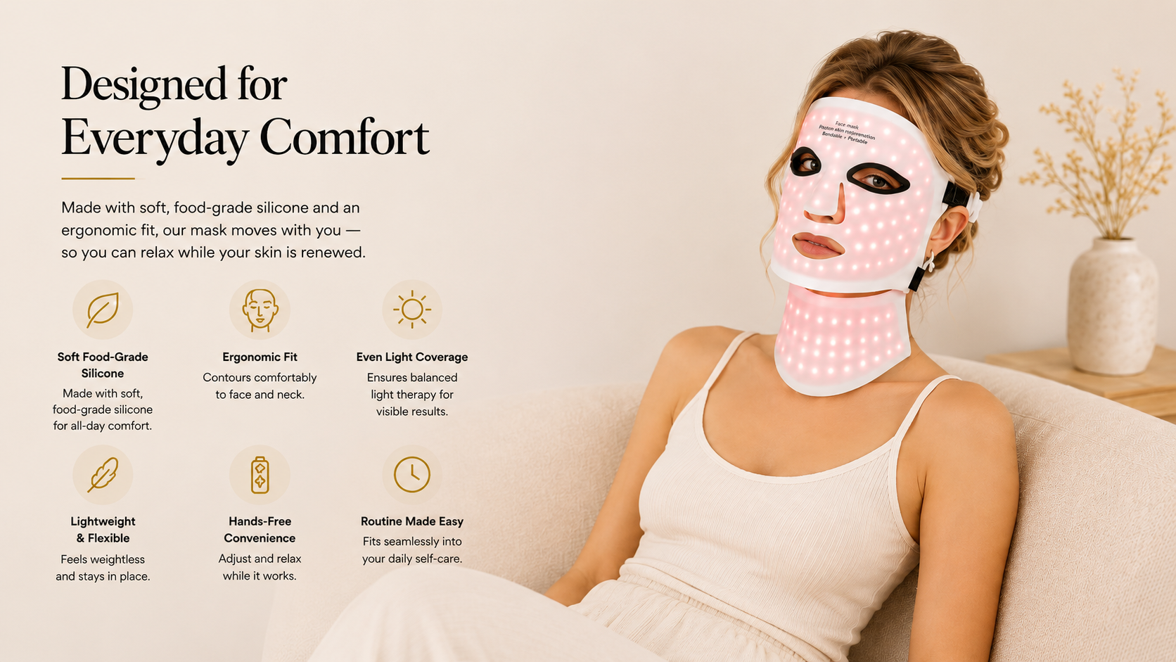 Woman wearing the Wireless LED Face and Neck Mask with soft food-grade silicone and ergonomic face and neck coverage.