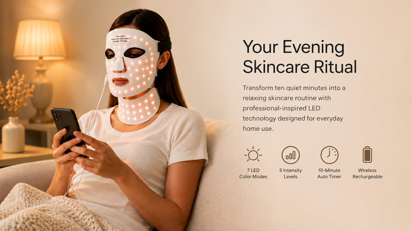 Woman using the Wireless LED Face and Neck Mask during a relaxing evening skincare routine at home.