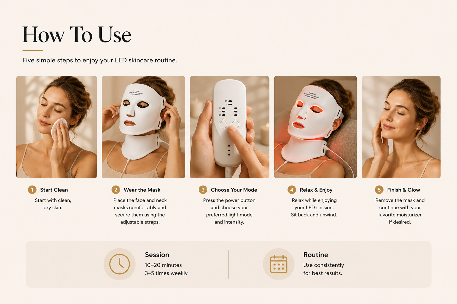 How to use the Wireless LED Face and Neck Mask in simple steps for an at-home skincare routine.