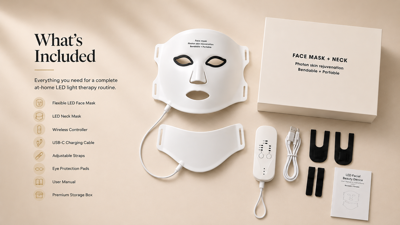 Wireless LED Face and Neck Mask kit with face mask, neck panel, controller, straps, eye pads, charging cable, manual, and box.